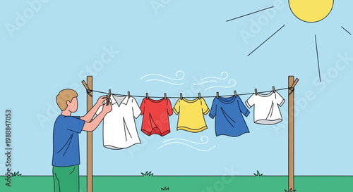 Man hanging laundry on a clothesline in the sun, drying clothes outdoors