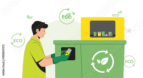 Man recycling batteries at eco-friendly recycling station with recycling symbol