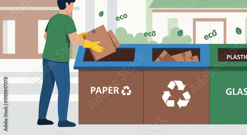 Man Recycling Cardboard Boxes into Paper Recycling Bin