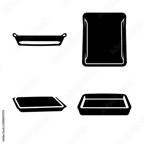 Four different baking dishes in a simple black and white design