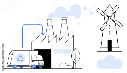 Recycling, sustainability, waste management, renewable energy, environmental conservation, eco-friendly solutions. A recycling truck at a factory with a nearby windmill. Recycling and sustainability