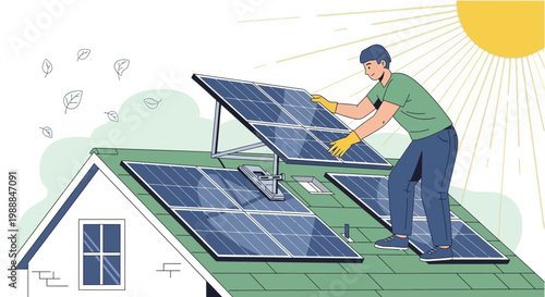 Man installing solar panels on a house roof, renewable energy concept