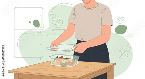 Person preparing healthy meal prep salad in kitchen, healthy eating concept