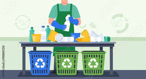 Person sorting plastic waste for recycling into bins, environmental protection concept