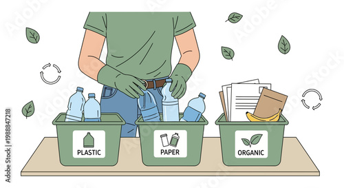 Person sorting waste into recycling bins for plastic, paper, and organic materials.