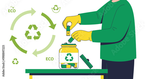 Person recycling batteries into a jar with recycling symbol, eco concept
