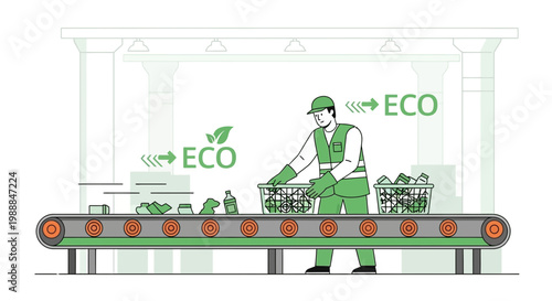 Recycling factory worker sorting waste on conveyor belt, eco friendly process