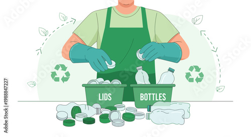 Recycling plastic bottles and caps, sorting waste for environmental protection