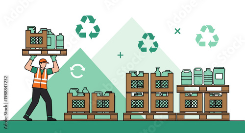 Recycling worker carrying crates of plastic bottles for reuse and sustainability