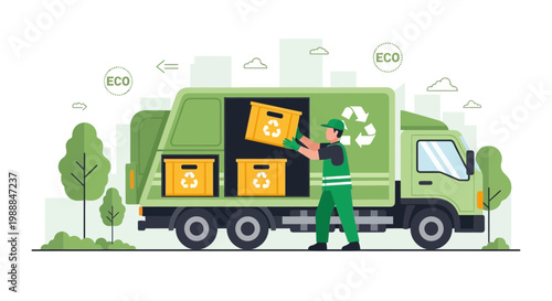 Recycling truck collecting boxes with eco symbol, worker loading waste, environmental protection concept