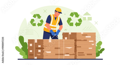 Recycling worker bundles cardboard boxes with straps, eco-friendly waste management concept