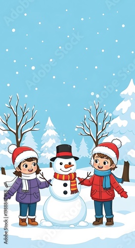 Children in winter hats build a snowman in a snowy, wooded landscape