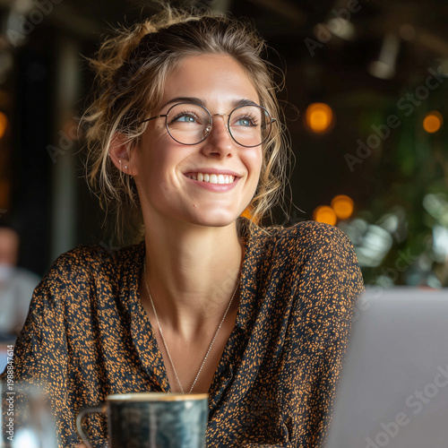 Smiling woman at a cup of coffee