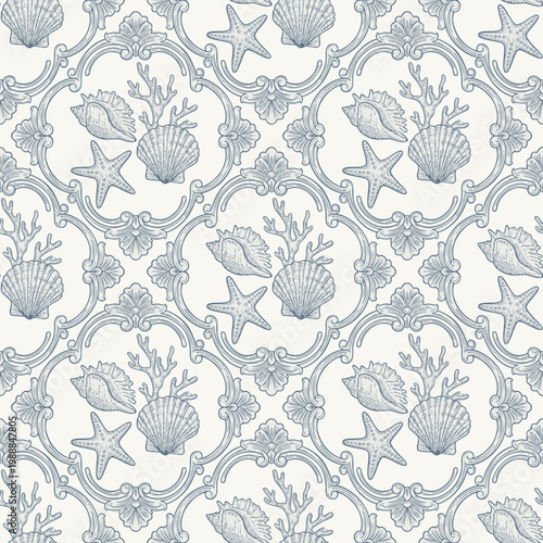 Blue and white sealife vector seamless pattern with corals, seashells and starfishes, surrounded with elegant frames