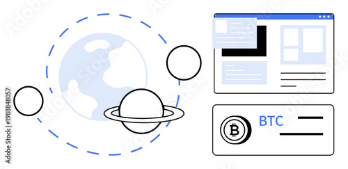 Cryptocurrency, blockchain technology, fintech, global payments, decentralized finance, digital economy. A planet, browser interface and Bitcoin logo. Cryptocurrency and blockchain technology