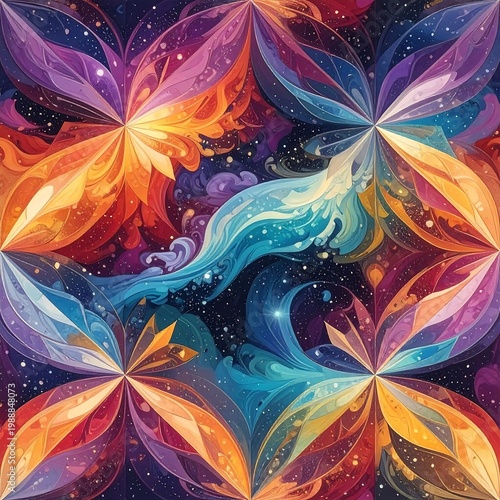 A vibrant, kaleidoscopic pattern featuring radiating floral forms with swirling gradients of color against a dark, starry backdrop