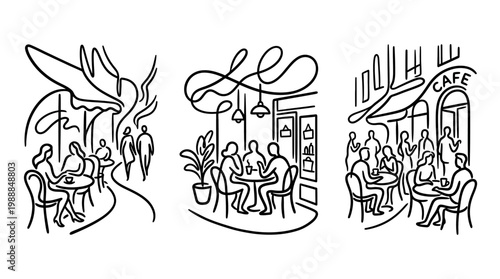Line Art Illustrations of Cafe Scenes Depicting People Enjoying Coffee.
