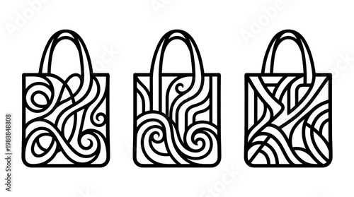 Three stylish tote bags with unique abstract wave patterns.