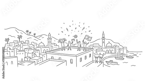 Joyful Celebration on Rooftop with Flags and Fireworks Display.