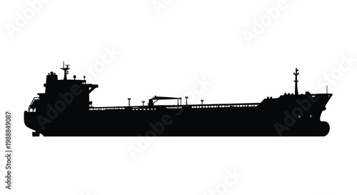 A stark silhouette of a large oil tanker ship against a clean white background high quality