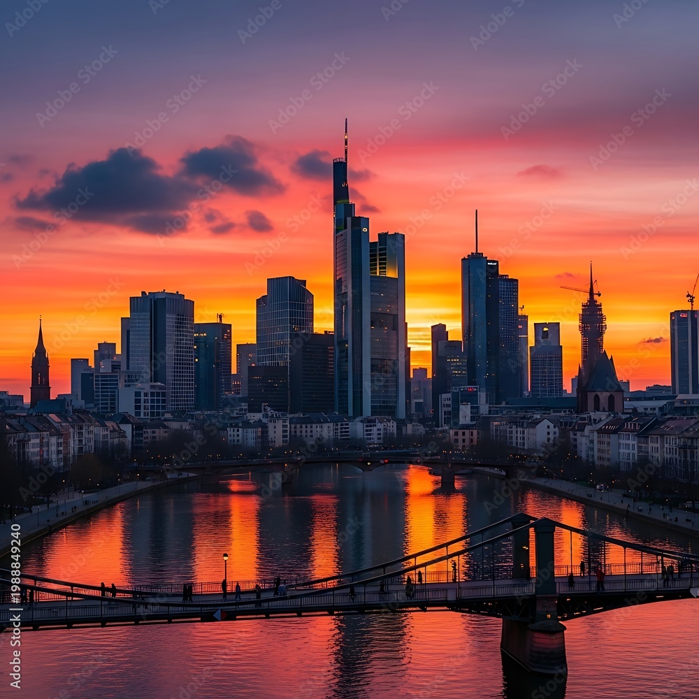 Fototapeta premium City skyline bathed in fiery sunset, reflecting in a wide river with a bridge