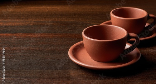 Two terracotta coffee cups on a dark wooden table