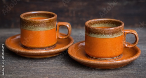 Two vibrant orange ceramic coffee cups and saucers sit on a dark wooden surface
