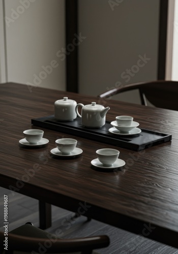 Simple white tea set on dark wood table
