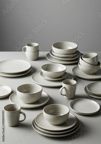 Light gray stoneware dinnerware set, various pieces displayed