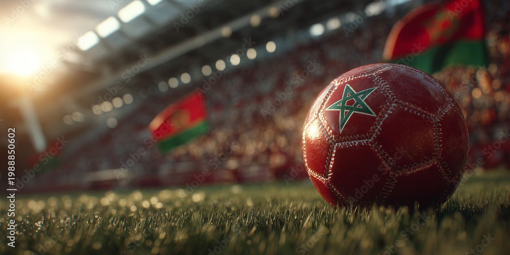 Fototapeta premium Red soccer ball with Moroccan flag emblem rests on rich green grass field. Stadium filled with fans, Moroccan flags wave. Sunny day match atmosphere, sports excitement, national pride