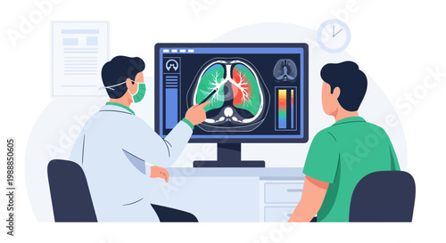 Doctor shows lung scan to patient, medical consultation, healthcare concept