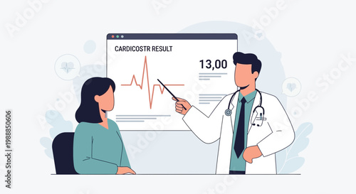 Doctor shows patient cardiogram result on screen, medical consultation, healthcare concept