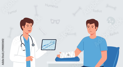 Doctor shows broken arm x-ray on tablet to patient with cast