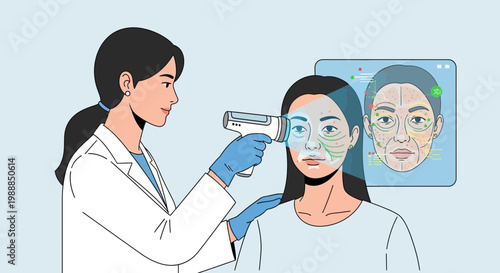 Doctor uses infrared thermometer on woman's face, digital analysis on screen