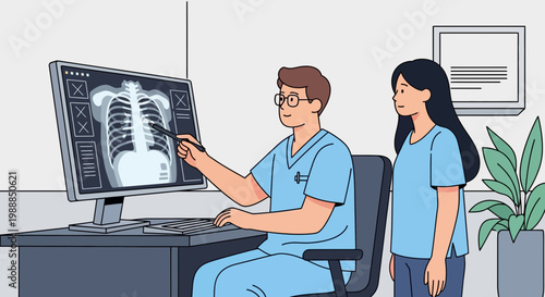 Doctor shows X-ray scan of lungs to patient on computer screen in clinic