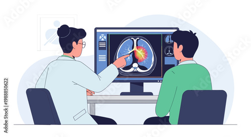 Doctor shows brain scan to patient, explaining diagnosis of tumor or disease.