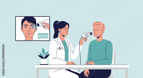 Doctor using infrared thermometer to check patient's temperature at desk, medical checkup
