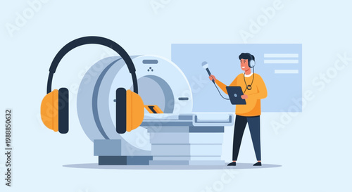 Doctor with headphones and tablet near MRI scanner, medical technology concept