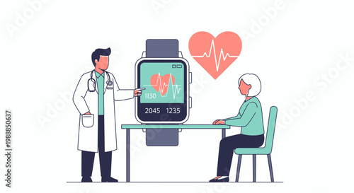 Doctor shows smartwatch with heart rate monitor to elderly patient, healthcare concept