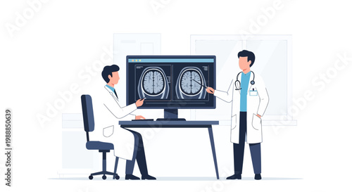 Doctors analyzing brain MRI scan on computer screen in medical office