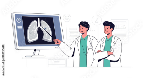 Doctors analyze lung x-ray on computer screen, medical diagnosis and healthcare concept