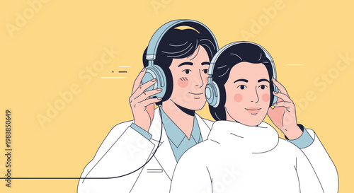 Doctor with headphones examining patient's hearing, audiology test, ear health check