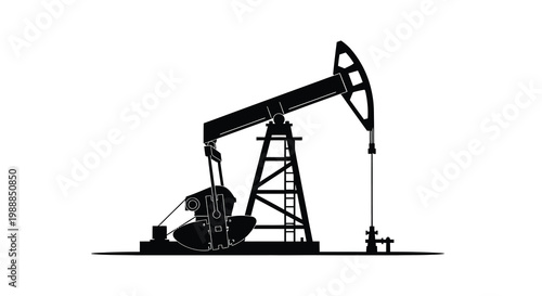 A stark silhouette of a classic oil pump commonly known as a nodding donkey against white