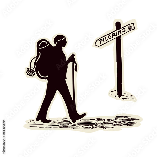 Bold pilgrim figure with backpack, marian shell, staff stick and signpost. Sanctuary for Canterbury pilgrims way or European Camino religious pilgrimage walk. Christian walkers vector icon motif.
