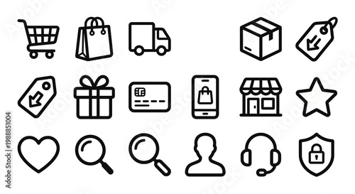 Vector icon set for e-commerce platforms and online shopping apps. Bold rounded outline style for retail dashboards, checkout flows, and commercial UI/UX. Professional trade and consumer symbols.