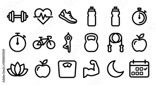 Vector icon set for fitness tracking and wellness apps. Bold rounded outline style for workout dashboards, health monitoring systems, and gym UI/UX. Professional exercise and nutrition symbols.