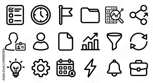 Vector icon set for project management, productivity, and task tracking platforms. Bold rounded outline style for SaaS dashboards, workflow automation tools, and professional organizer UI/UX.