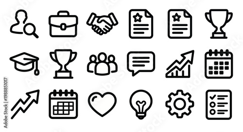 Vector icon set for human resources, recruitment, and talent management platforms. Bold rounded outline style for HR dashboards, job portals, and employee management UI/UX. Professional career 