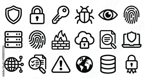 Vector icon set for cybersecurity, network privacy, and data protection apps. Bold rounded outline style for security dashboards, antivirus software, and IT infrastructure UI/UX. Professional safety