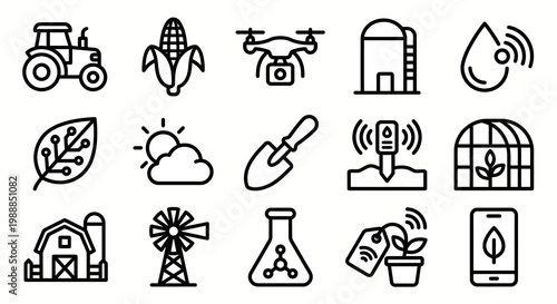 Vector icon set for smart agriculture, agrotech, and modern farming platforms. Bold rounded outline style for agricultural dashboards, crop monitoring apps, and sustainability UI/UX. Professional 